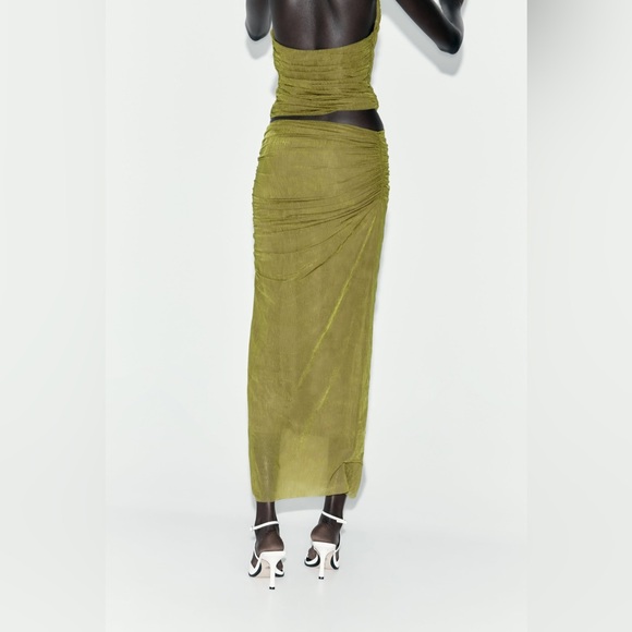 NWT Zara Ruched Organza Midi Skirt in Oil Yellow / Green / Chartreuse Brat Color - Picture 9 of 9